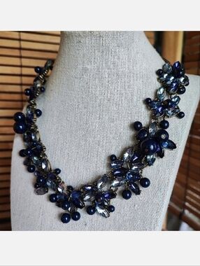 BAUBLEBAR Signed Blue Indigo Purple Oxidized Brass Jeweled Statement Necklace